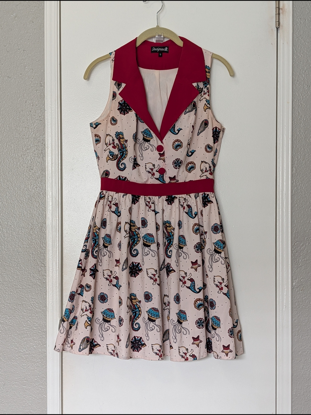 Sourpuss Red Sea Life Fit-and-Flare Dress with Collar Size Small